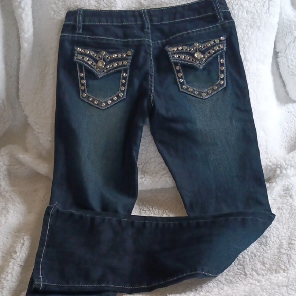 Elegant Dark Blue Boot Cut Jeans with Studded Pockets..labeled A 1..runs Bigger